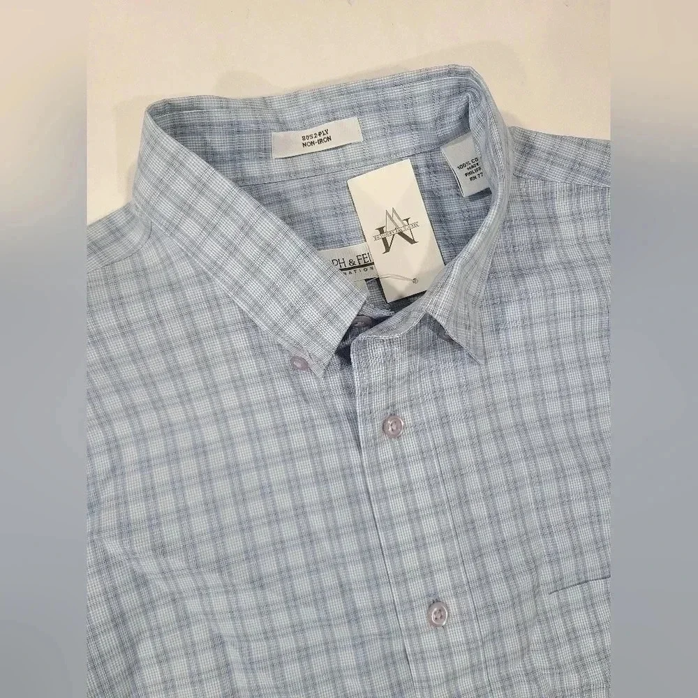 NWT Joseph & Feiss Large Cotton 80's 2 Ply Non Iron Button Up Checkered Blue‎